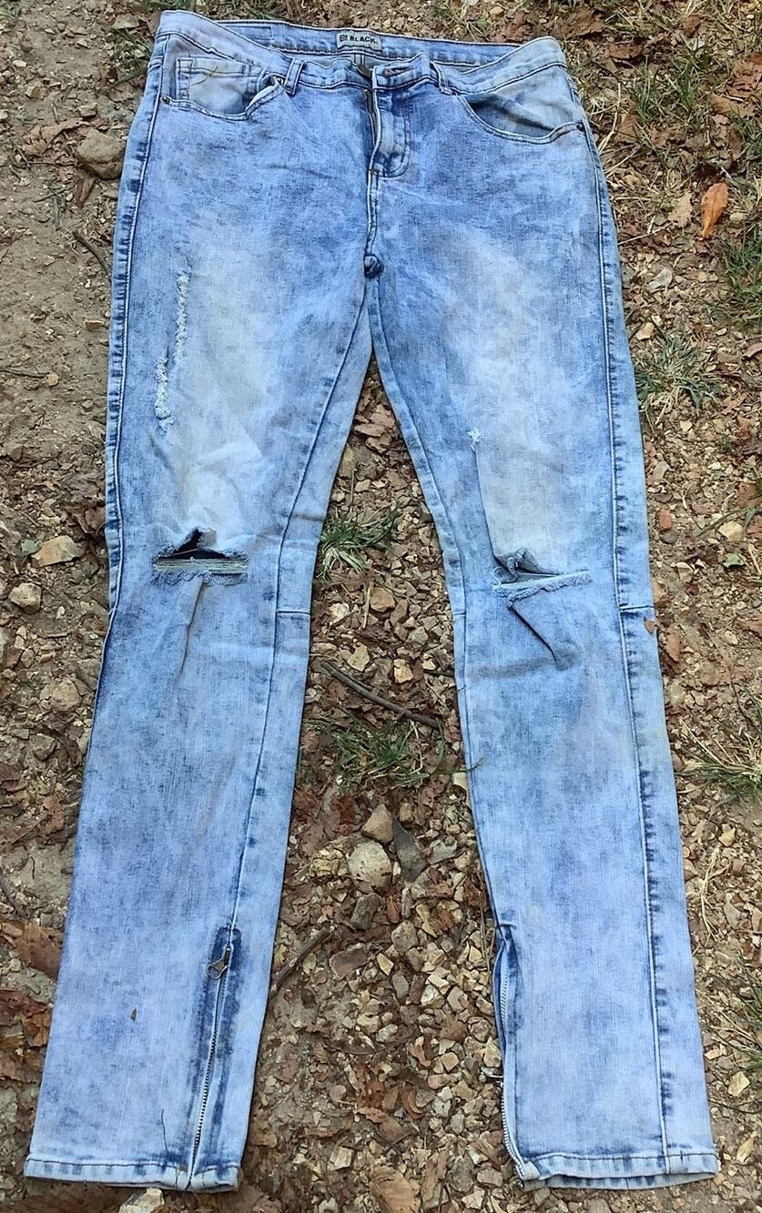 Ru21 BLACK Skinny Flex Jeans Mens 32x34 Ankle Zipper Distressed Acid Wash Blue
